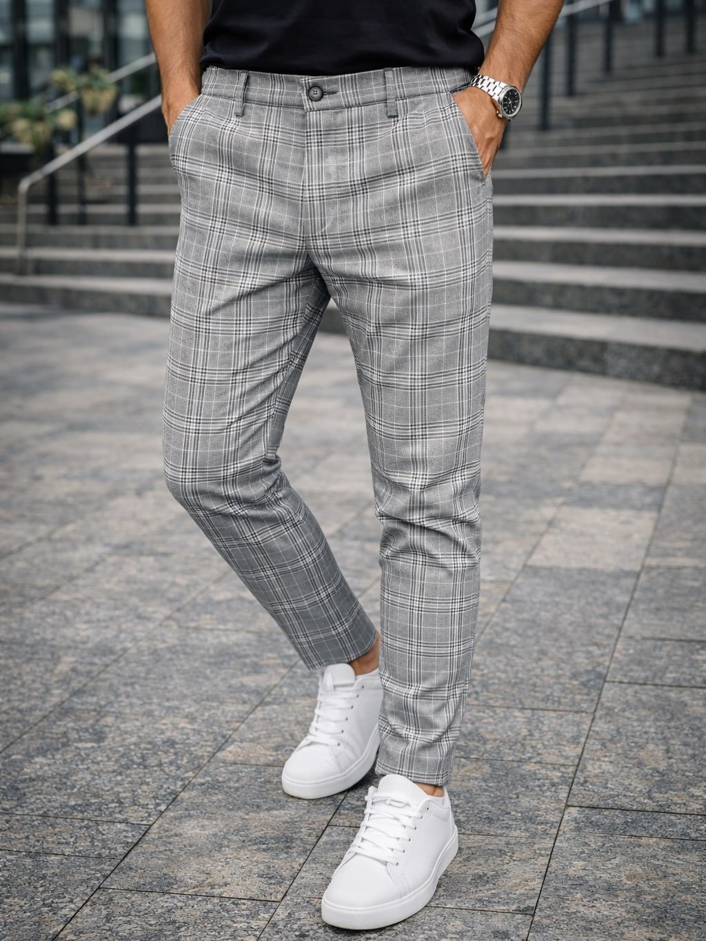 Pantallona Gri Checkered – Stil Klasik & Elegancë Moderne