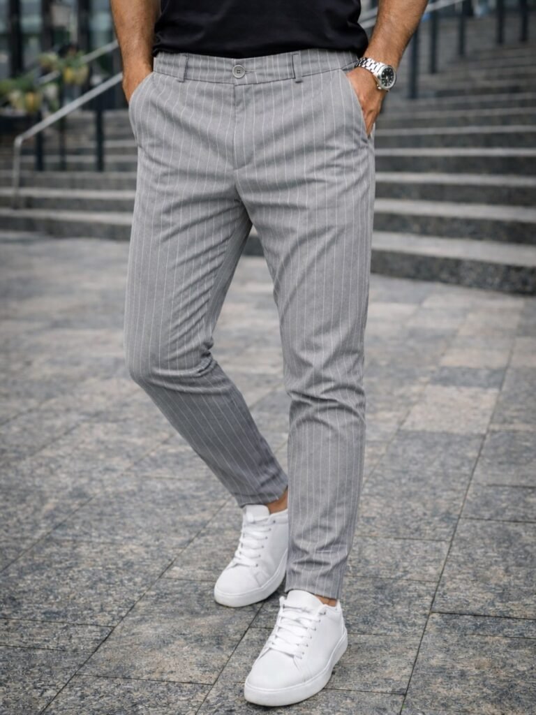 Pantallona Pinstripe Gri – Elegancë Minimaliste & Stil Urban