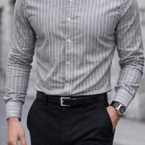 Këmishë Premium Slim Fit me Jako Mandarin – Grey Striped Classic