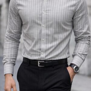 Këmishë Premium Slim Fit me Jako Mandarin – Grey Striped Edition