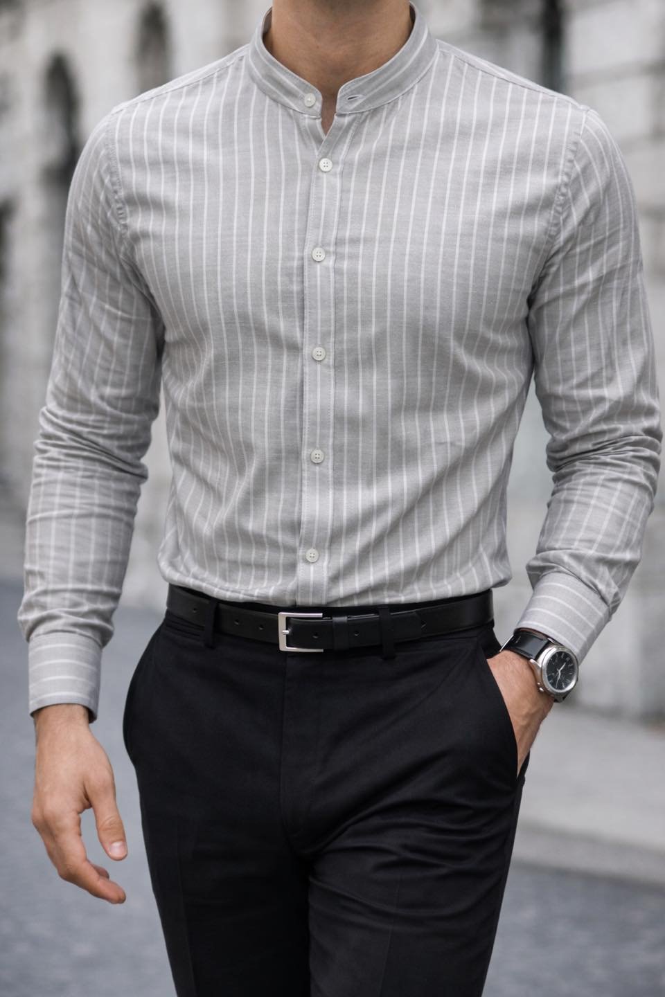 Këmishë Premium Slim Fit me Jako Mandarin – Grey Striped Edition