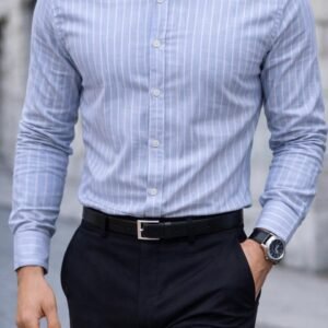 Këmishë Premium Slim Fit me Jako Mandarin – Sky Blue Striped Edition