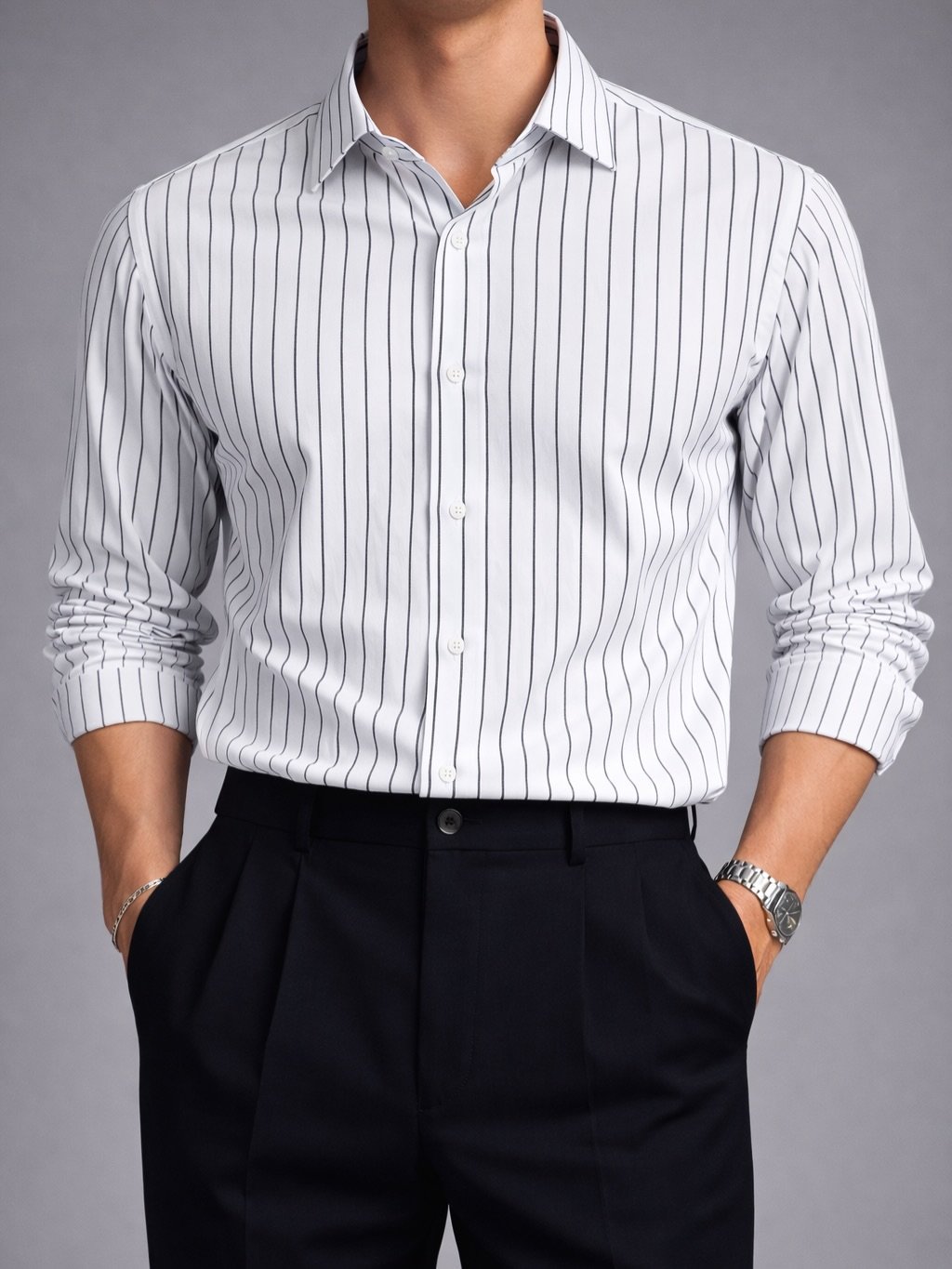 Këmishë Premium Slim Fit me Vija – White Edition