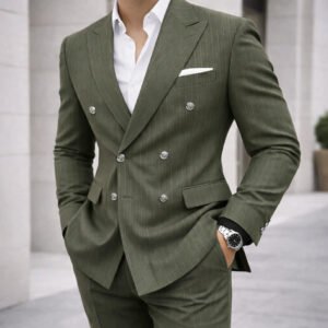 Kostum Elegant i Gjelbër me Vija – Double Breasted