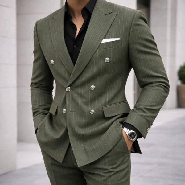 Kostum Elegant i Gjelbër me Vija – Double Breasted
