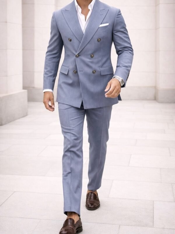 Kostum Elegant Double-Breasted në Ngjyrë Blu e Çelët – Stil Premium & Modern
