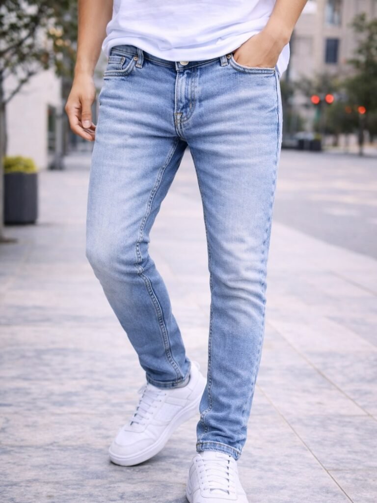 Jeans Slim-Fit në Ngjyrë Blu e Çelët – Stil Casual & Modern