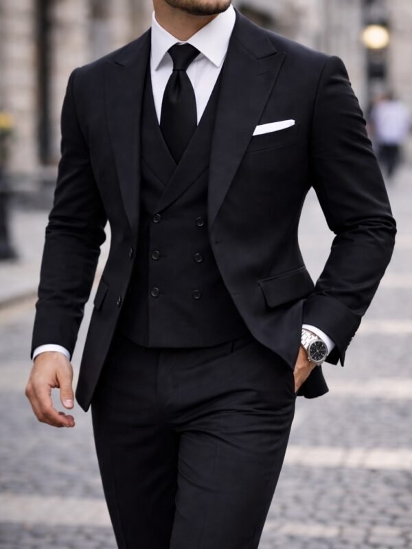 Kostum Elegant 3-Pjesësh Premium – Total Black & Black/White