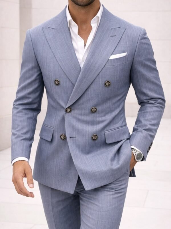Kostum Elegant Double-Breasted në Ngjyrë Blu e Çelët – Stil Premium & Modern