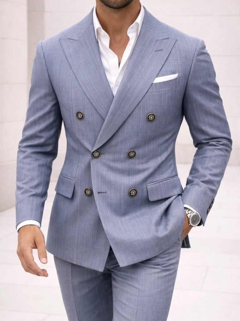 Kostum Elegant Double-Breasted në Ngjyrë Blu e Çelët – Stil Premium & Modern