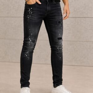 Xhinse Skinny Fit të Zeza me Detaje Distressed dhe Splash