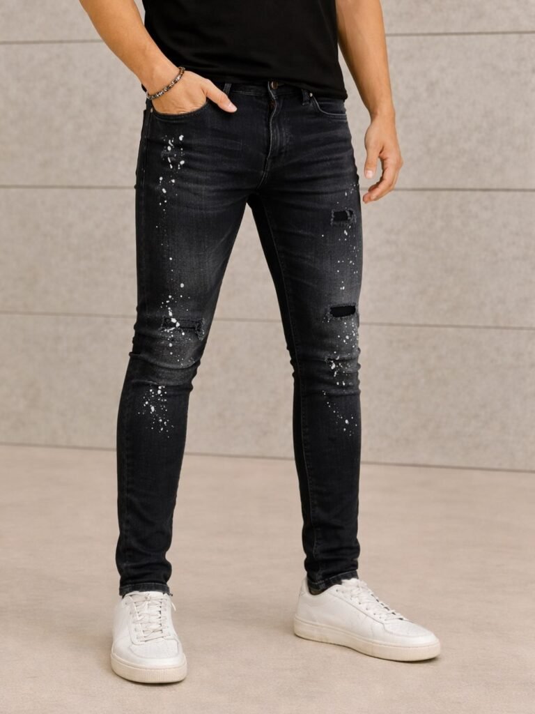 Xhinse Skinny Fit të Zeza me Detaje Distressed dhe Splash