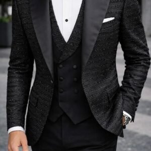 Smoking Luksoz i Zi me Shkëlqim – Tuxedo Premium 3-Pjesësh