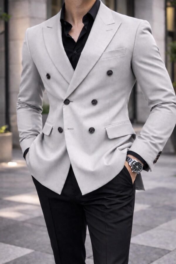Xhaketë Double-Breasted në Ngjyrë Gri të Çelët – Stil Minimal & Elegancë Moderne