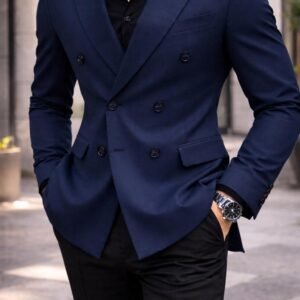 Xhaketë Double-Breasted në Ngjyrë Navy – Elegancë Klasike & Stil Premium