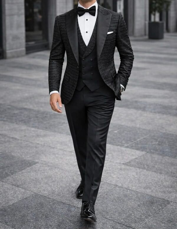 Smoking Luksoz i Zi me Shkëlqim – Tuxedo Premium 3-Pjesësh