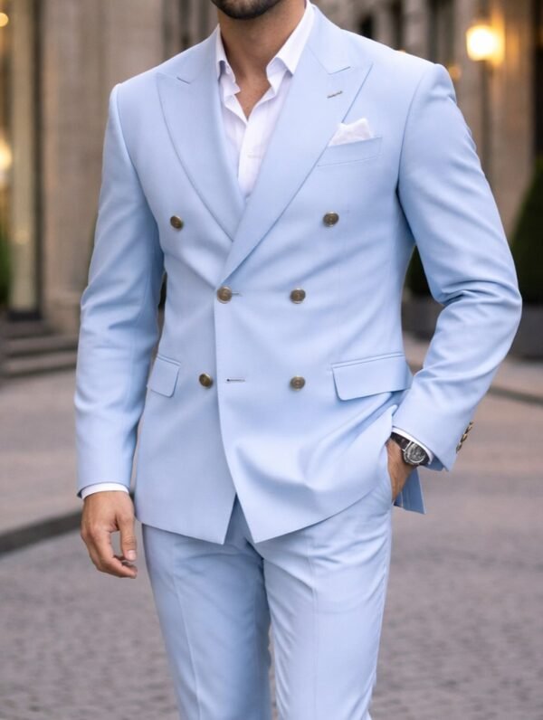 Kostum Elegant Double-Breasted në Ngjyrë Blu të Lehtë