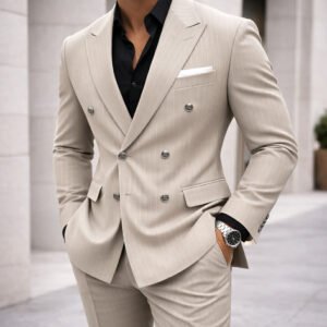 Kostum Beige Elegant me Vija – Double Breasted Slim Fit