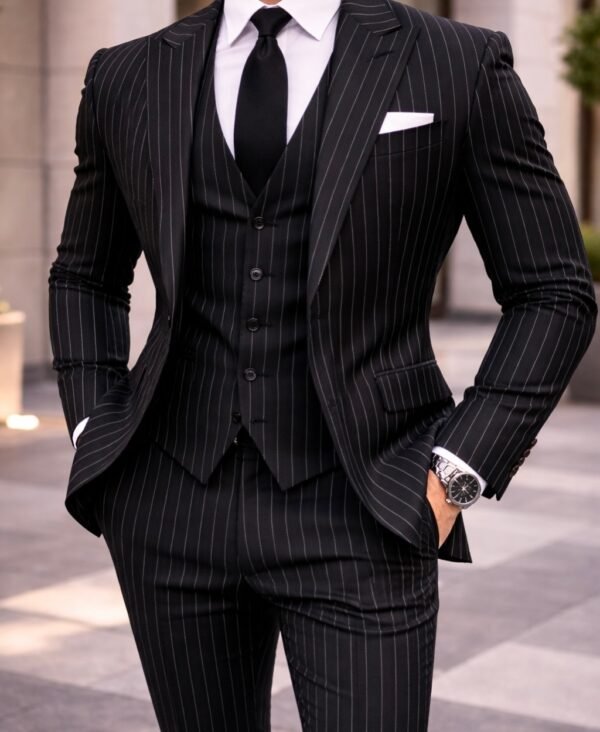 Kostum Elegant Tre-Pjesësh me Vija në Ngjyrë të Zezë Përshkrim: