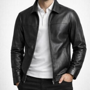 Xhaketë Lëkure Premium Slim Fit – Black Minimal Luxury Jacket