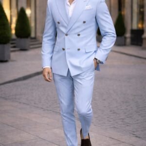 Kostum Elegant Double-Breasted në Ngjyrë Blu të Lehtë