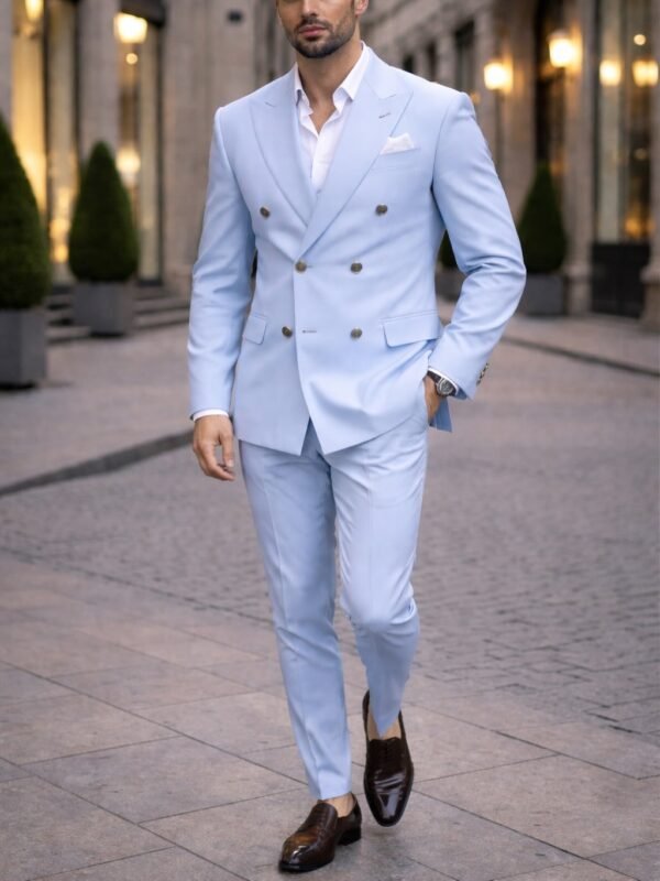Kostum Elegant Double-Breasted në Ngjyrë Blu të Lehtë