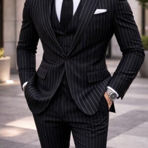 Kostum Elegant Tre-Pjesësh me Vija në Ngjyrë të Zezë  Përshkrim: