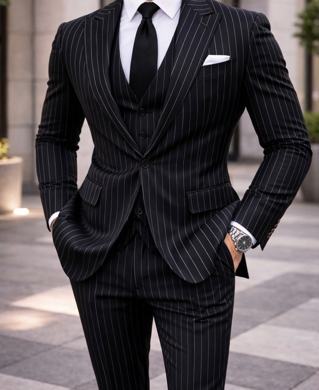 Kostum Elegant Tre-Pjesësh me Vija në Ngjyrë të Zezë Përshkrim: