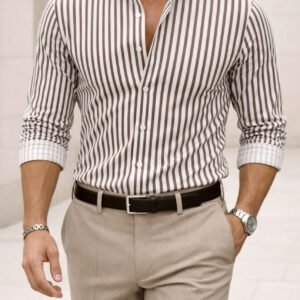 Këmishë Premium me Vija Kafe & të Bardha