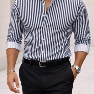 Këmishë Premium me Vija Navy Blue & të Bardha