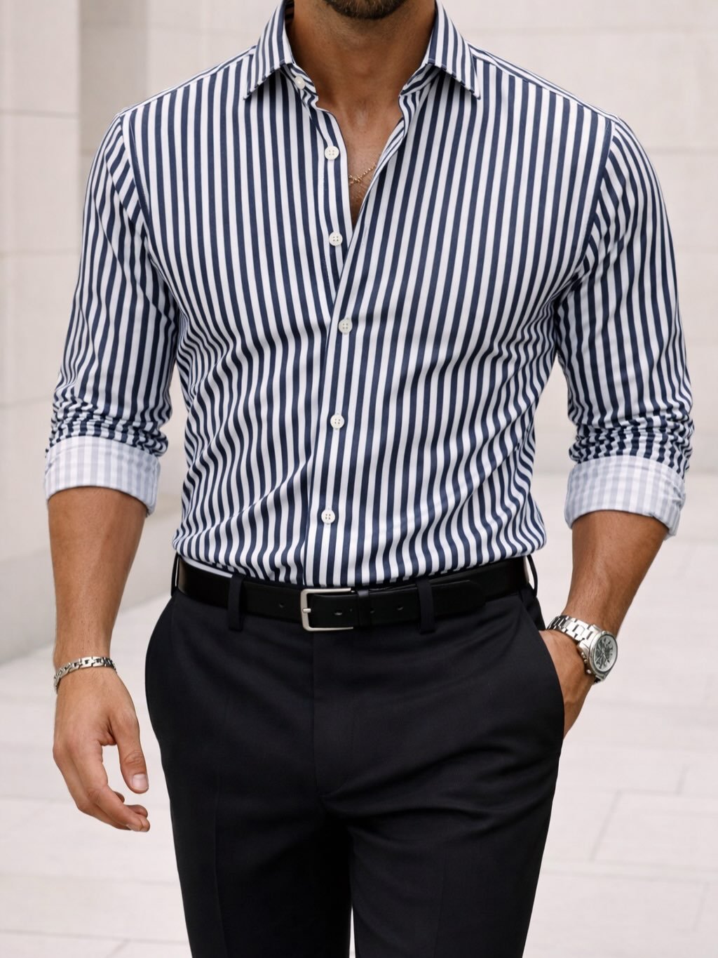 Këmishë Premium me Vija Navy Blue & të Bardha