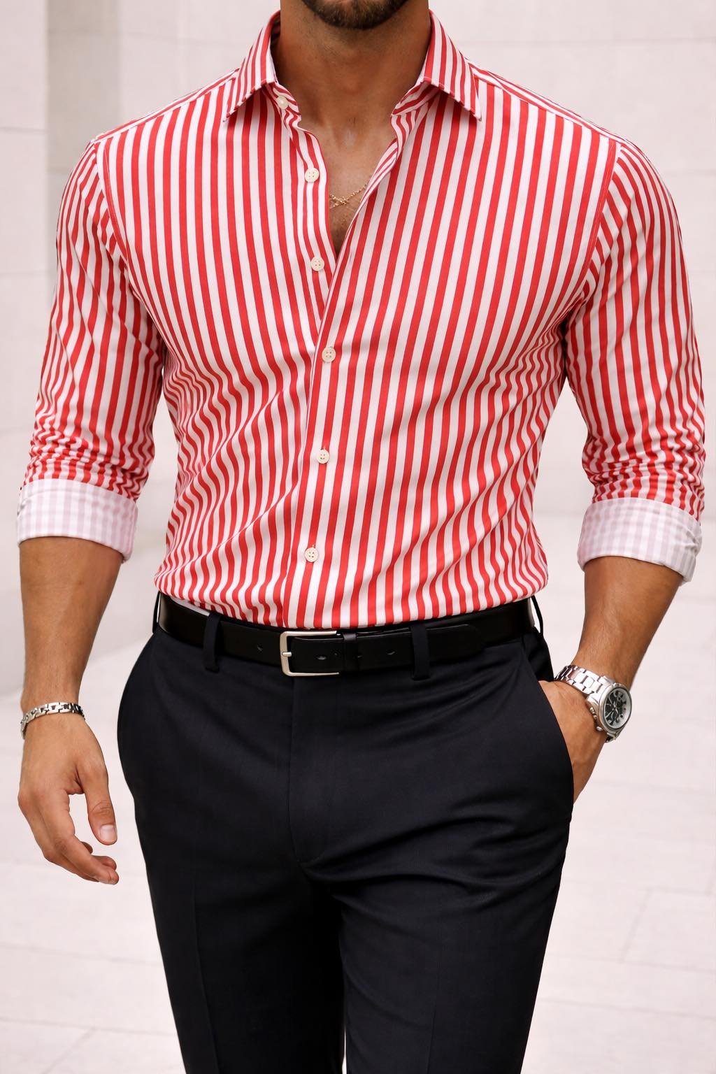 Këmishë Premium me Vija të Kuqe & të Bardha
