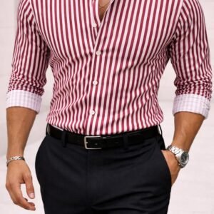 Këmishë Premium me Vija Vishnje & të Bardha