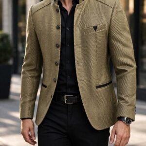 Xhaketë Elegante me Jakë Mandarin – Ngjyrë Gold Olive