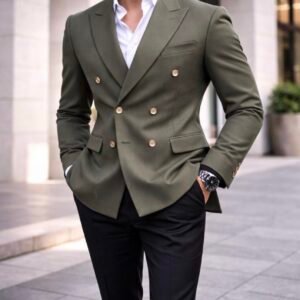 Xhaketë Double-Breasted në Ngjyrë Jeshile Olive – Stil Modern & Sofistikim