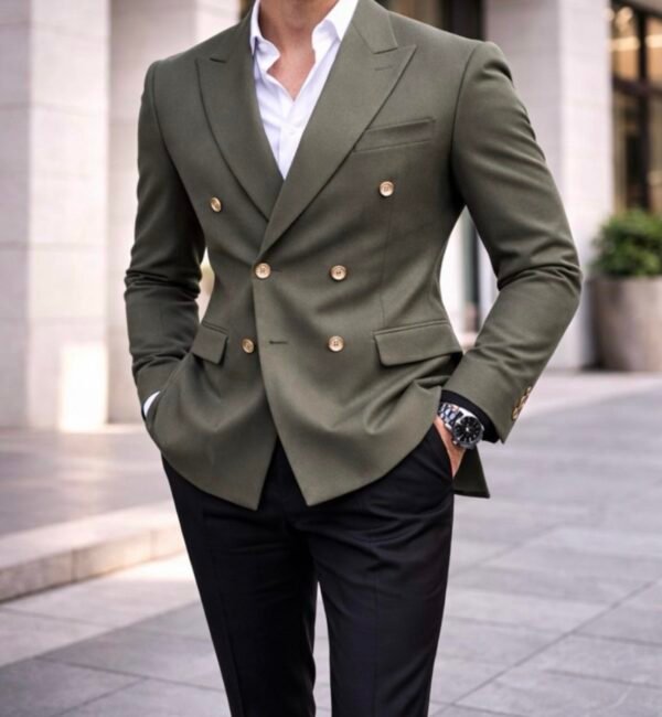Xhaketë Double-Breasted në Ngjyrë Jeshile Olive – Stil Modern & Sofistikim