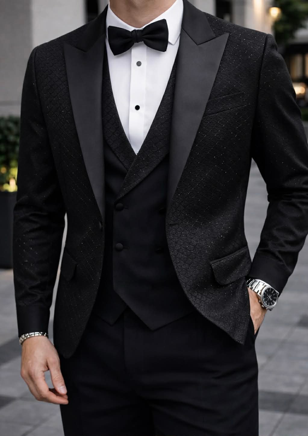 Kostum Smoking i Zi me Detaje Luksoze – Elegancë Klasike
