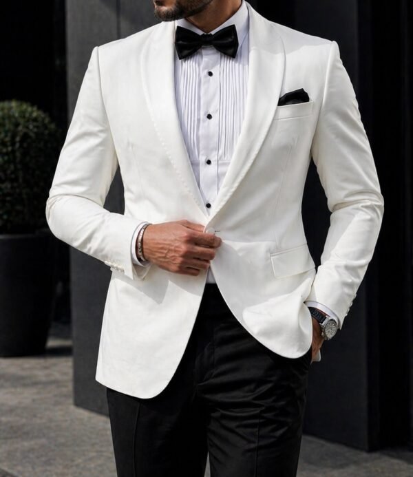 Kostum smoking i bardhë elegant për meshkuj – stil premium & modern