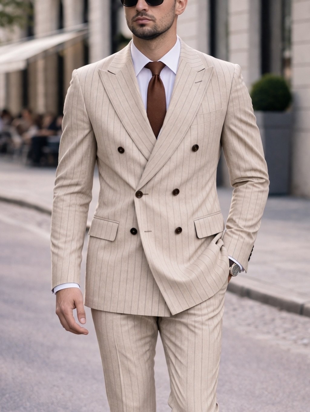 Kostum elegant bezhë me vija pinstripe, dopiopet