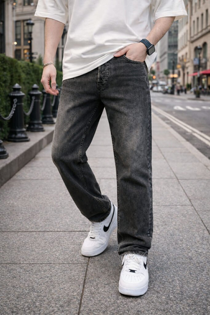 Xhinse të zeza casual me prerje të drejtë (Straight Fit)