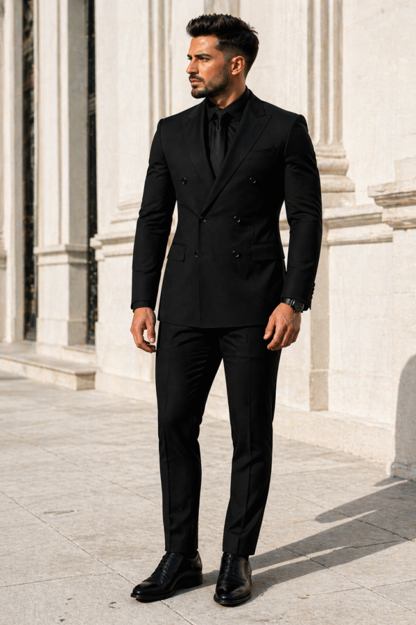 Kostum i Zi Elegant për Meshkuj – Slim Fit, Dopio-Kopsa, Stil Premium Formal