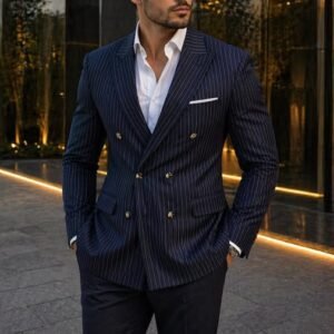 Kostum Premium Mashkullor Blu me Vija – Slim Fit, Elegancë Biznesi