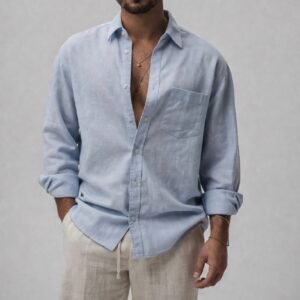 Këmishë lino blu e hapur për meshkuj – stil casual veror