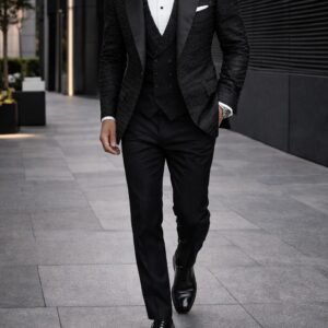 Smoking Luksoz Mashkullor i Zi – Set Premium 3-Pjesësh me Detaje Satin