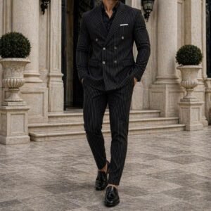 Kostum Premium Mashkullor me Vija – Navy & Black Edition, Slim Fit