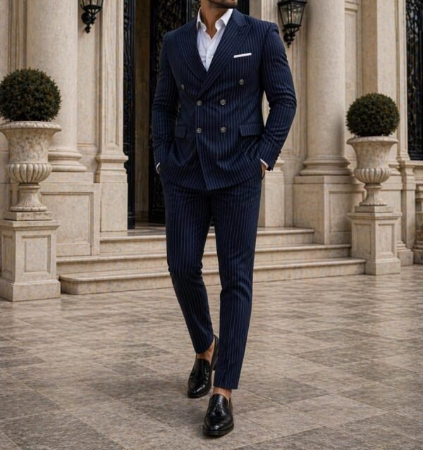 Kostum Premium Mashkullor me Vija – Navy & Black Edition, Slim Fit