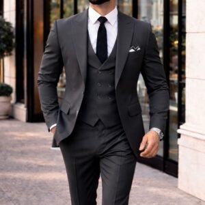 Kostum Antracit Premium 3-Pjesësh me Jelek Double-Breasted