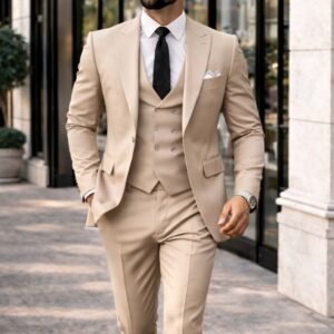 Kostum Bezhë Premium 3-Pjesësh me Jelek Double-Breasted