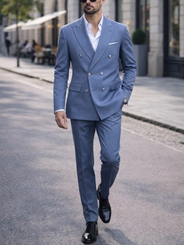 Kostum elegant blu i hapur me vija të holla, dopiopet