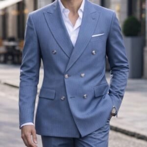 Kostum elegant blu i hapur me vija të holla, dopiopet